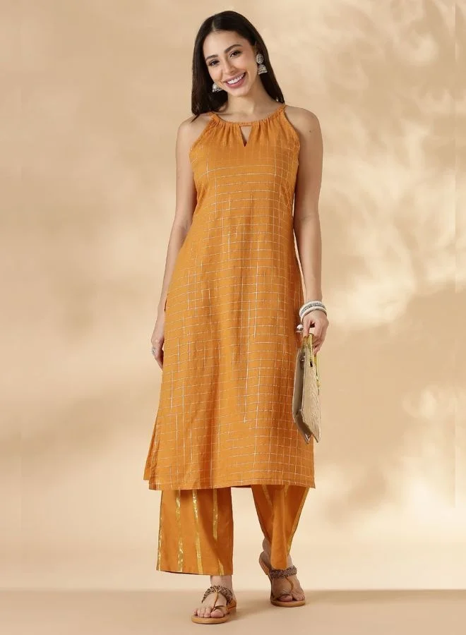 Abhishti Mustard Halterneck Lurex Kurta with Straight Pants