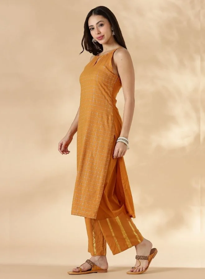 Abhishti Mustard Halterneck Lurex Kurta with Straight Pants