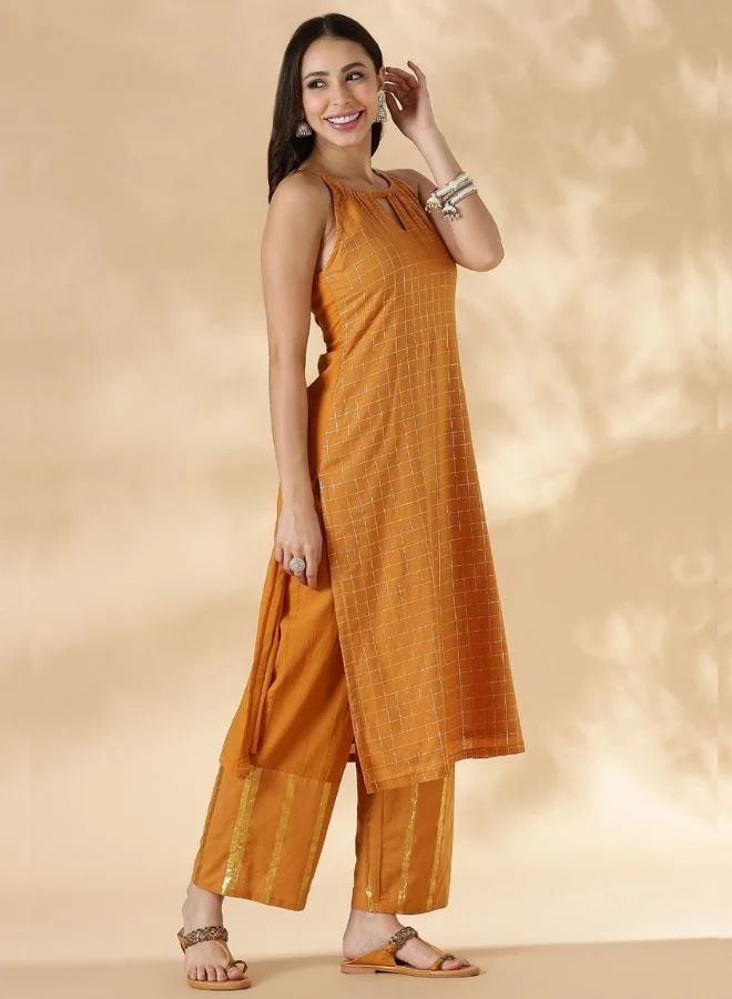 Abhishti Mustard Halterneck Lurex Kurta with Straight Pants