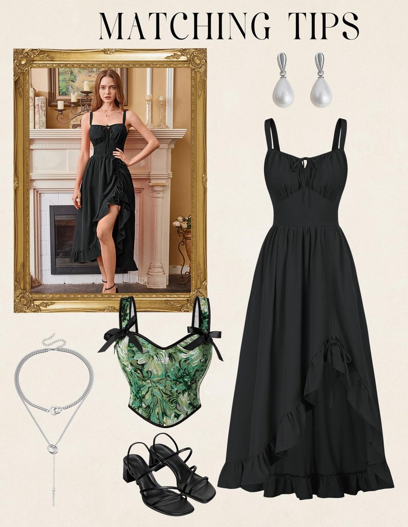 Scarlet Darkness Renaissance Dress Women Summer Corset Dress Flowy Sleeveless Milkmaid Vacation Sundress with Pockets Black XL - Image 4