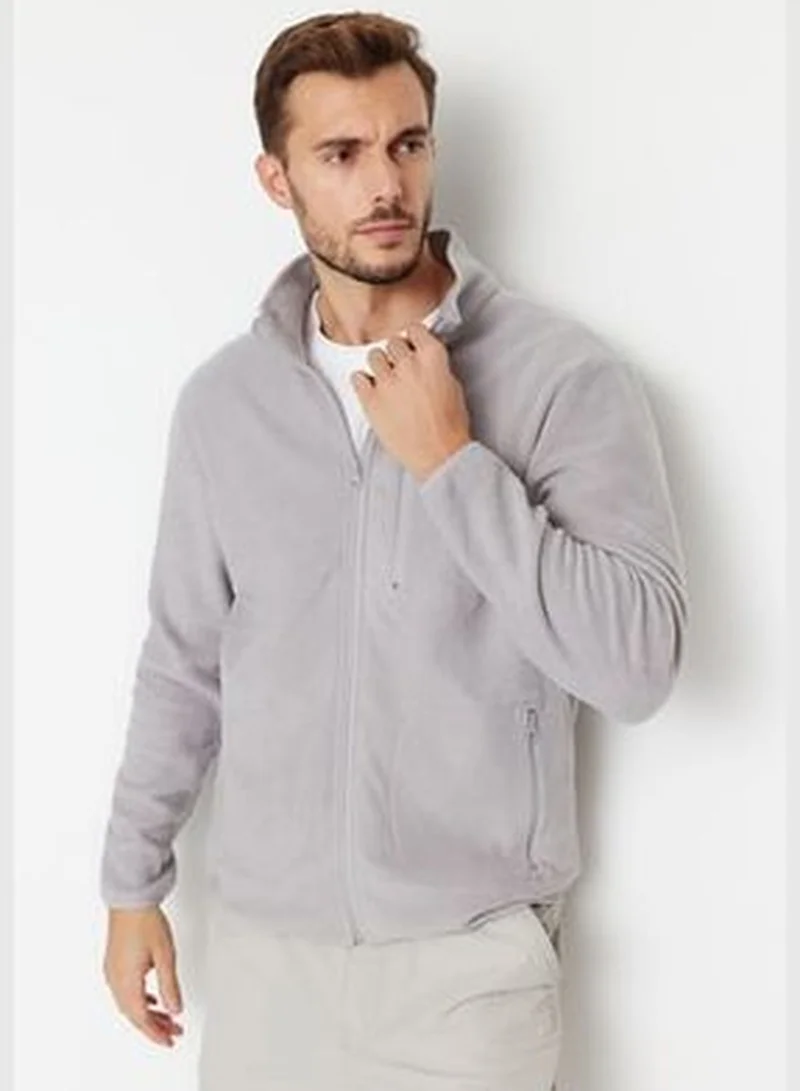 trendyol Men's Gray Regular/Normal Fit Zipper Detail High Neck Warm Thick Fleece Sweatshirt