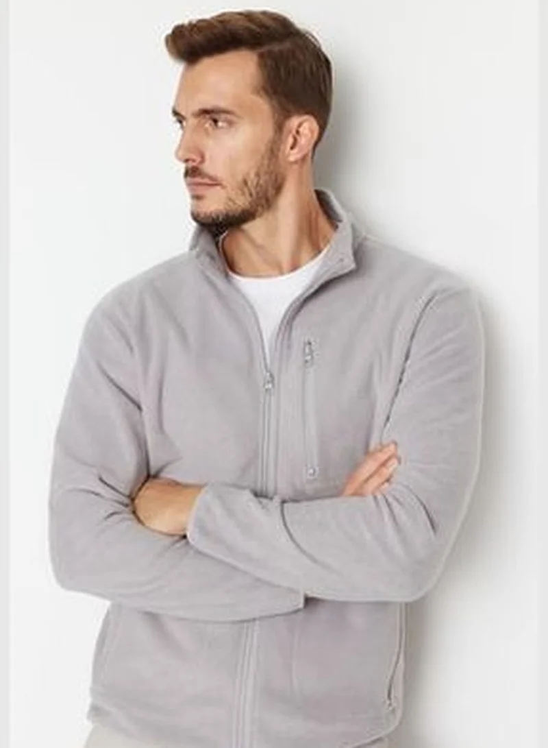 trendyol Men's Gray Regular/Normal Fit Zipper Detail High Neck Warm Thick Fleece Sweatshirt