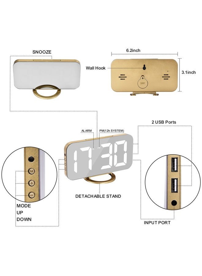 SZELAM Digital Alarm Clock,LED and Mirror Desk Clock Large Display,with Dual USB Charger Ports,3 Levels Brightness,12/24H,Modern Electronic Clock for Bedroom Home Living Room Office - Gold - Image 5