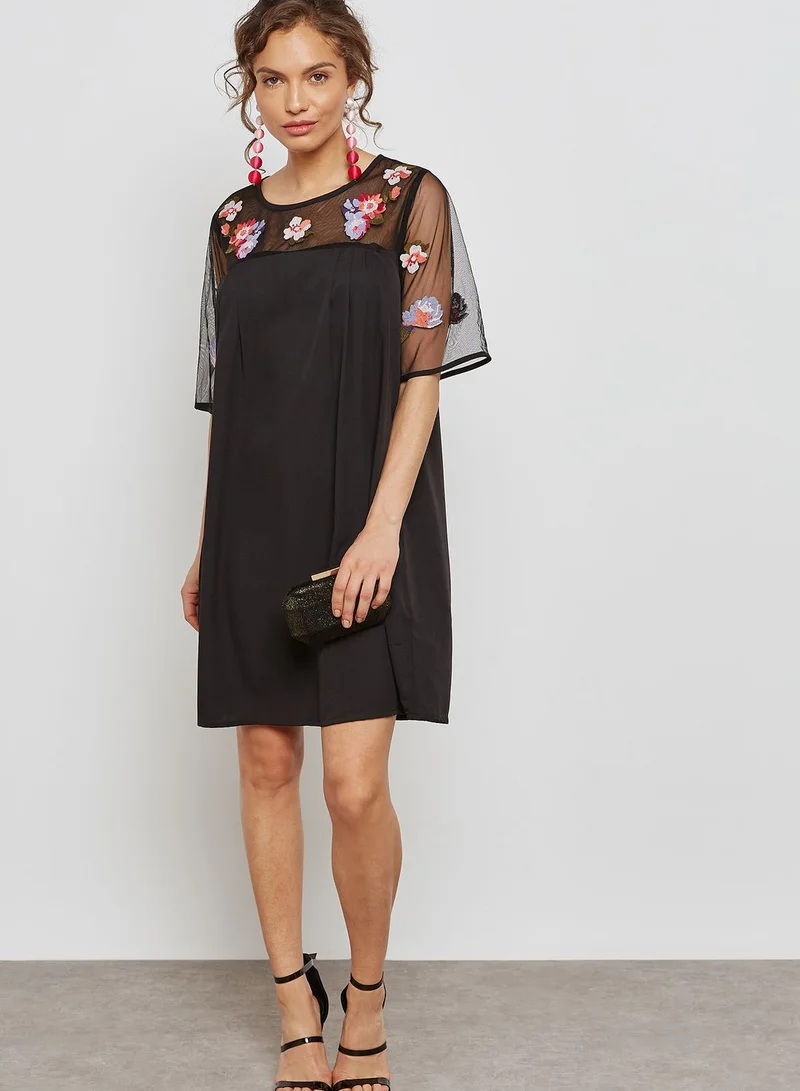 Yumi Embroidered Sheer Sleeve Mini Dress