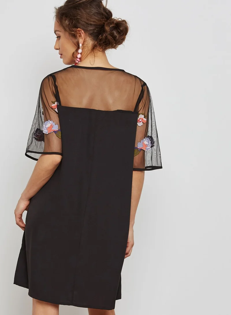 Yumi Embroidered Sheer Sleeve Mini Dress