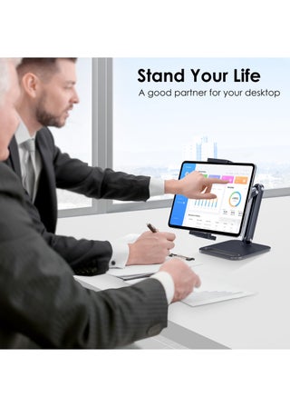 حامل لوحي لجهاز iPad، حامل لوحي من الألومنيوم مع قاعدة شديدة التحمل للمكتب، تصميم أنيق مريح بزاوية قابلة للتعديل بالكامل، متوافق مع iPad Pro Air Mini، Galaxy Tab، Surface Pro، Kindle 4.7-1 بوصة، أسود - view 5