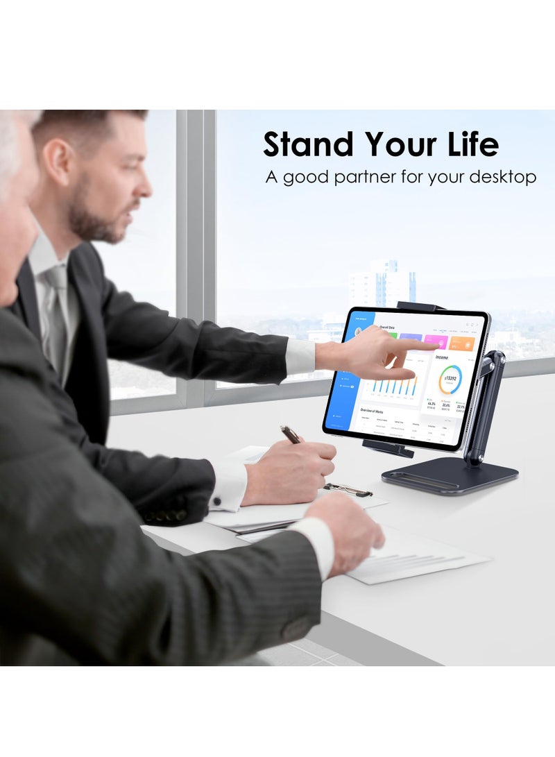 شو وو حامل لوحي لجهاز iPad، حامل لوحي من الألومنيوم مع قاعدة شديدة التحمل للمكتب، تصميم أنيق مريح بزاوية قابلة للتعديل بالكامل، متوافق مع iPad Pro Air Mini، Galaxy Tab، Surface Pro، Kindle 4.7-1 بوصة، أسود  - Image 5