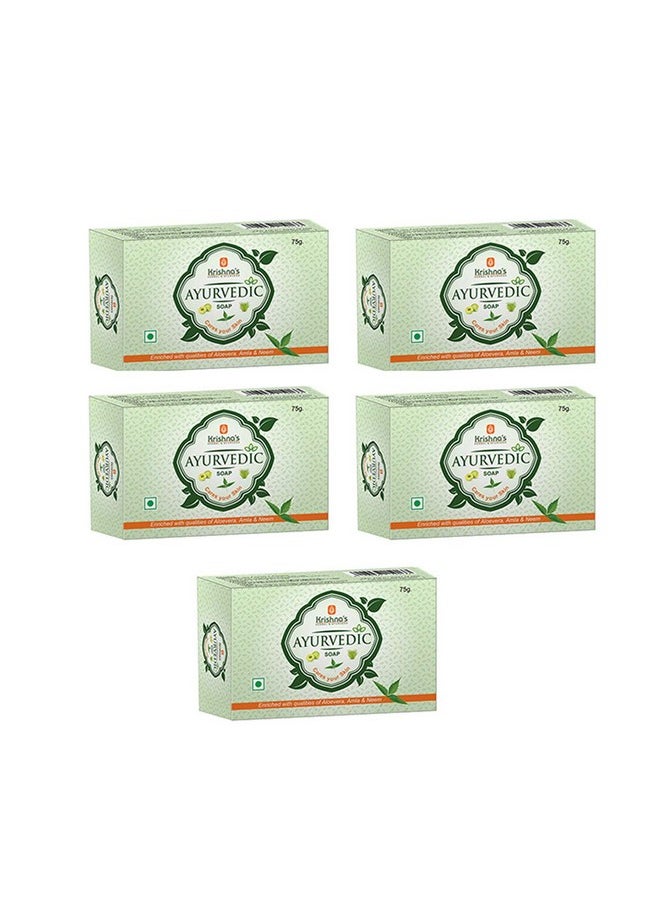 Krishna's Herbal & Ayurveda Krishna'S Ayurvedic Soap 75 G Each (Pack Of 5) Cleanses Soothes Skin Fights Acne & Pimples Suitable For All Skin Types  - Image 1