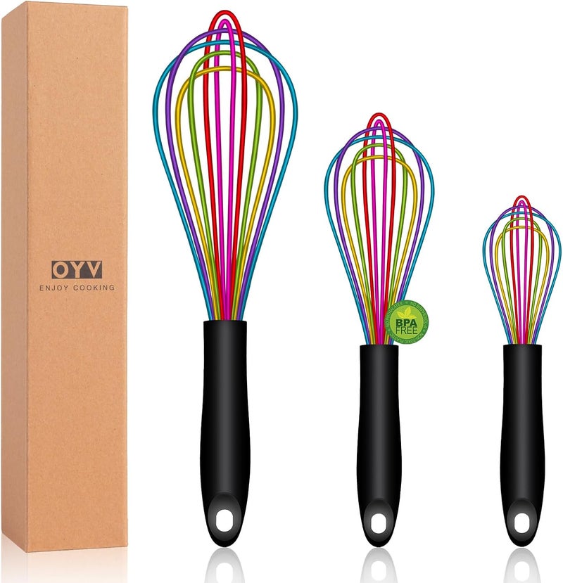 OYV Dishwasher Safe Colorful Silicone Whisk, Sealed Waterproof Design Set of 3, Professional Kitchen Whisks for Cooking Non-Scratch, Silicone & Stainless Steel Whisk, Heat Resistant Balloon Egg Beater - Image 1