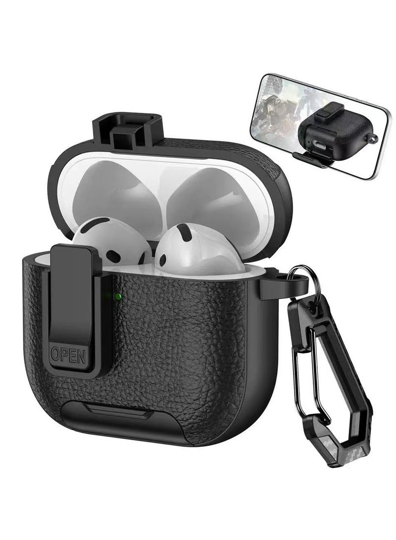 دكينج متوافق مع AirPods Pro 3، مصنوع من مادة PC/TPU مع تصميم قفل بملمس الجلد، يأتي مع سلسلة مفاتيح (أسود) - Image 1