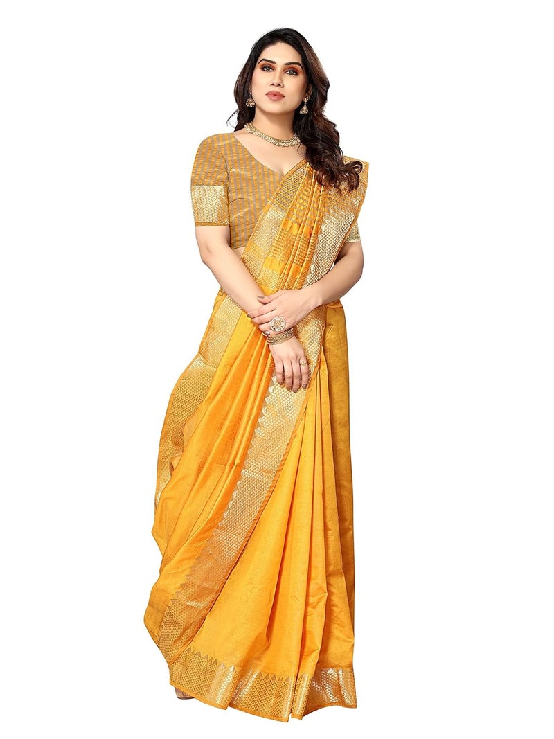 Sidhidata Women's Gold Assam Silk Saree with Unstitched Blouse Piece - Image 1