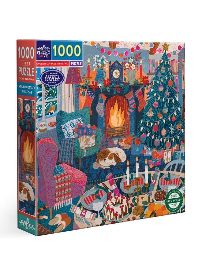 eeBoo Piece & Love: English Cottage Christmas - 1000 Piece Puzzle - Adult Square Jigsaw, 23x23, Includes Image Reference Insert, Pieces - Image 1