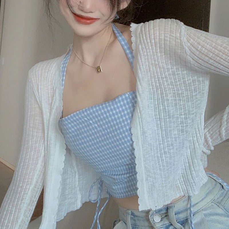 Tweed Style Knitted Cardigan Thin Womens Summer V-neck Ice Silk Loose-fit Outerwear Sunscreen Jacket Cropped Top Long Sleeve Black  - Image 2