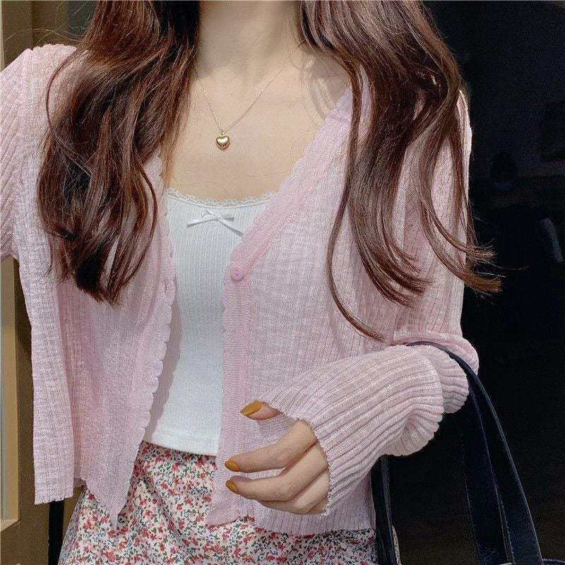 Tweed Style Knitted Cardigan Thin Womens Summer V-neck Ice Silk Loose-fit Outerwear Sunscreen Jacket Cropped Top Long Sleeve Black  - Image 3