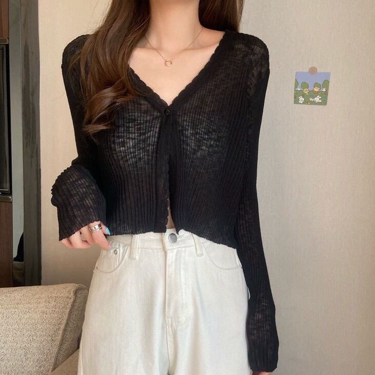 Tweed Style Knitted Cardigan Thin Womens Summer V-neck Ice Silk Loose-fit Outerwear Sunscreen Jacket Cropped Top Long Sleeve Black  - Image 1