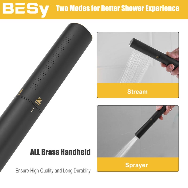 BESy Black Brass 2 In 1 Function Handheld Shower Head Set High Pressure 7 Inch Shower Head High Flow Hand Shower Wand with 59 Inch Hose, Bracket, Matte Black Finish - Image 3