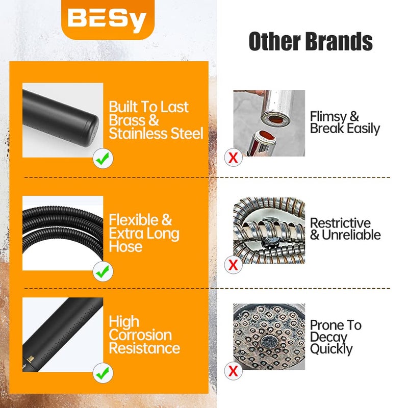 BESy Black Brass 2 In 1 Function Handheld Shower Head Set High Pressure 7 Inch Shower Head High Flow Hand Shower Wand with 59 Inch Hose, Bracket, Matte Black Finish - Image 4