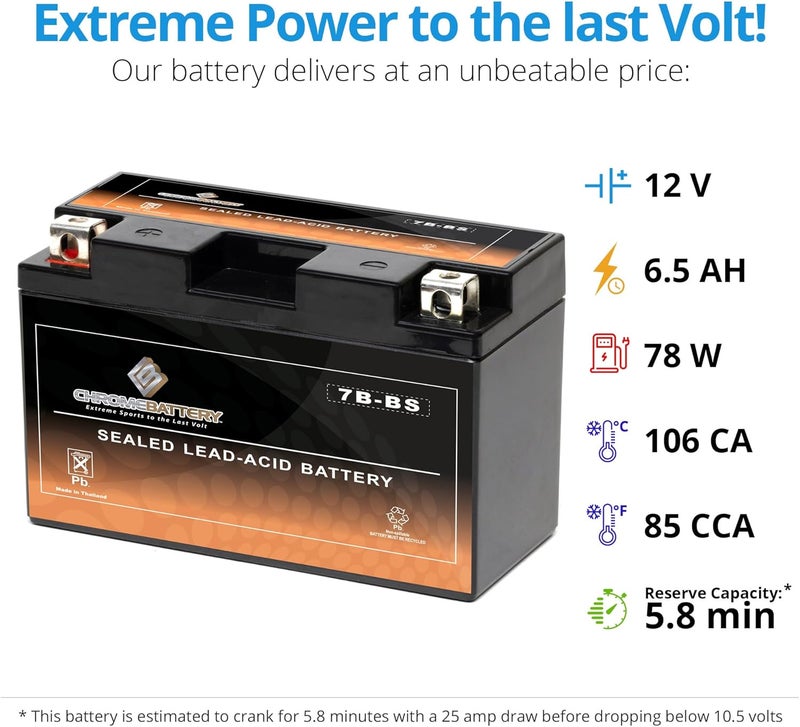 CB CHROMEBATTERY بطارية YT7B-BS 12V 110 CCA AGM – بطارية خالية من الصيانة للدراجات الرباعية، الدراجات النارية، السكوتر، جت سكي – 7 Ah T3 صمولة وبرغي – تناسب ياماها رابتور 250، هوندا CRF150، بولاريس أوتلاو والمزيد - Image 4