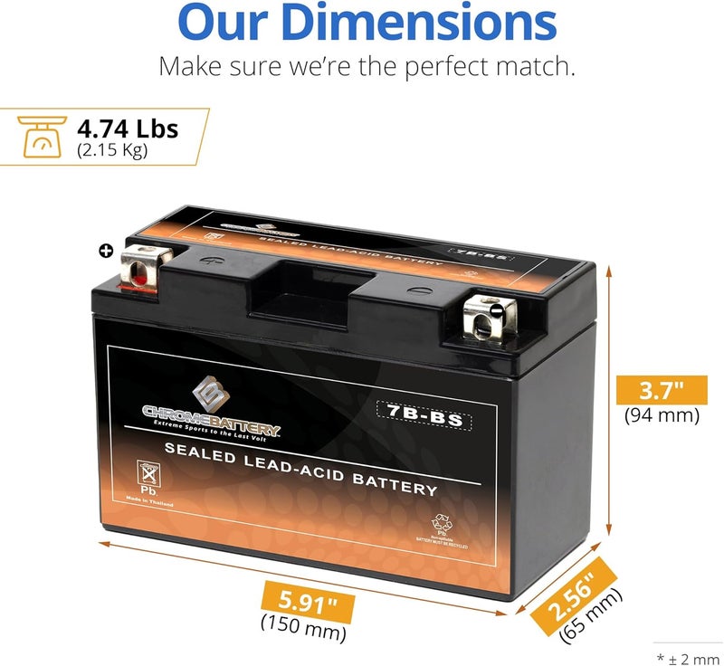 CB CHROMEBATTERY بطارية YT7B-BS 12V 110 CCA AGM – بطارية خالية من الصيانة للدراجات الرباعية، الدراجات النارية، السكوتر، جت سكي – 7 Ah T3 صمولة وبرغي – تناسب ياماها رابتور 250، هوندا CRF150، بولاريس أوتلاو والمزيد - Image 3