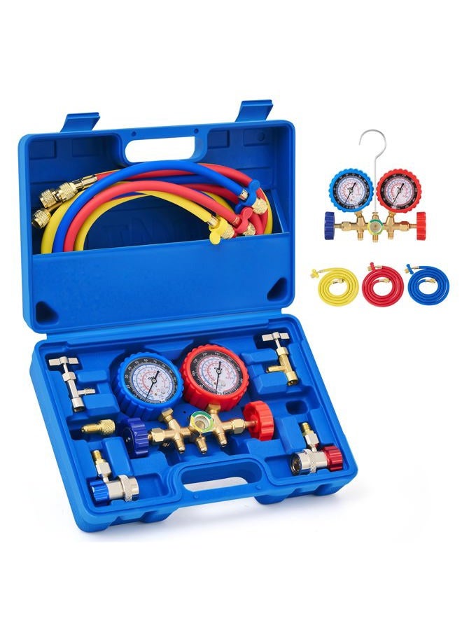 Orion Motor Tech مجموعة عدادات مانيفولد لتشخيص مكيف الهواء 3 طرق لشحن الفريون، تناسب R134A R12 R22 و R502، مع خرطوم بطول 5 أقدام، محولات خزان أكمي، موصلات قابلة للتعديل وصنبور علبه - Image 1