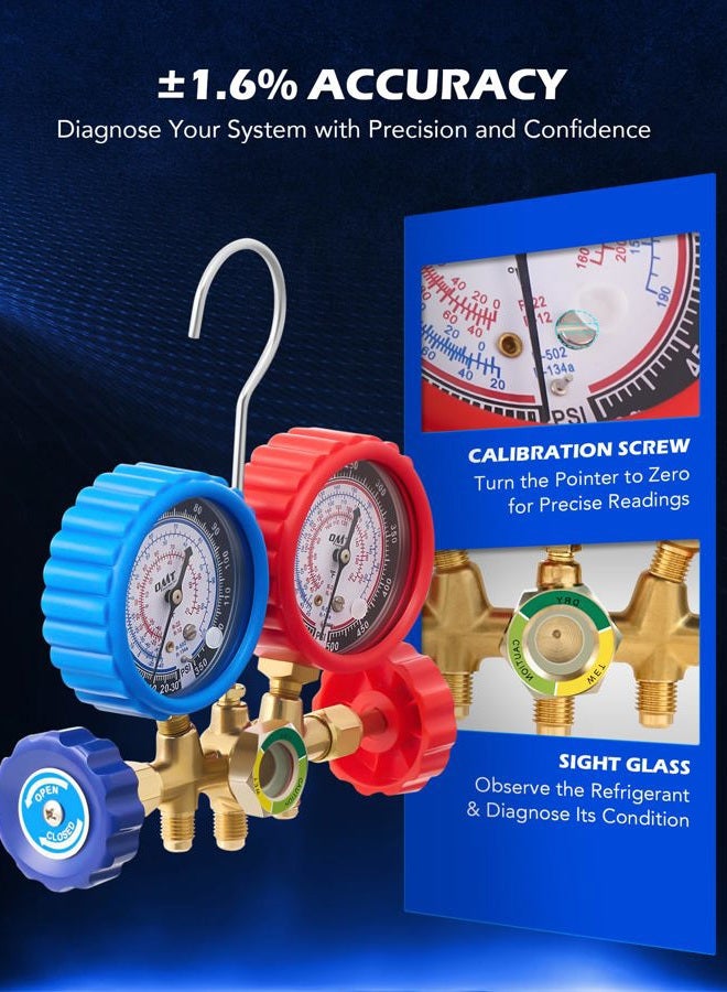 Orion Motor Tech مجموعة عدادات مانيفولد لتشخيص مكيف الهواء 3 طرق لشحن الفريون، تناسب R134A R12 R22 و R502، مع خرطوم بطول 5 أقدام، محولات خزان أكمي، موصلات قابلة للتعديل وصنبور علبه - Image 5