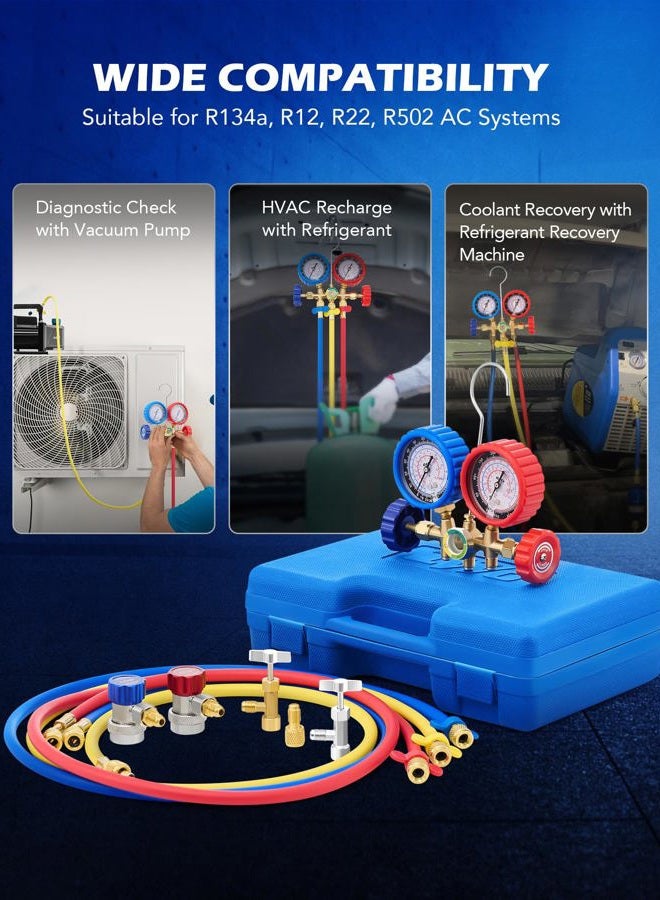 Orion Motor Tech مجموعة عدادات مانيفولد لتشخيص مكيف الهواء 3 طرق لشحن الفريون، تناسب R134A R12 R22 و R502، مع خرطوم بطول 5 أقدام، محولات خزان أكمي، موصلات قابلة للتعديل وصنبور علبه - Image 4