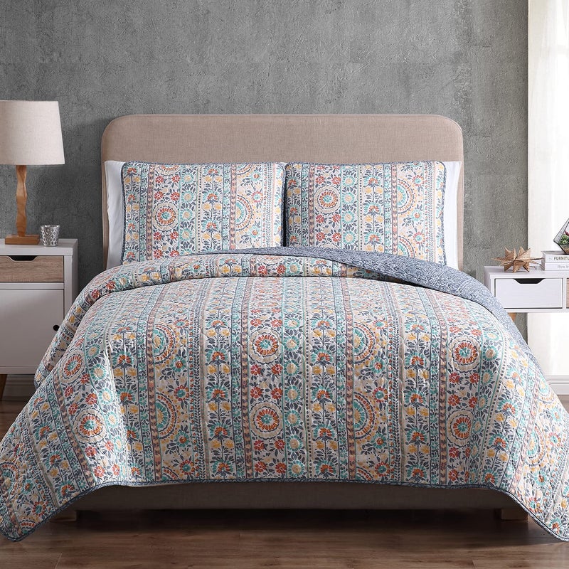 SCHNAUZER HOME Bohemian Quilt Set Full Queen Size 3 Piece Cosima Striped Pattern Printed Bedding Coverlet Set Lightweight Soft Reversible Bedspread Sets for All Season 1 Quilt 2 Pillow Shams