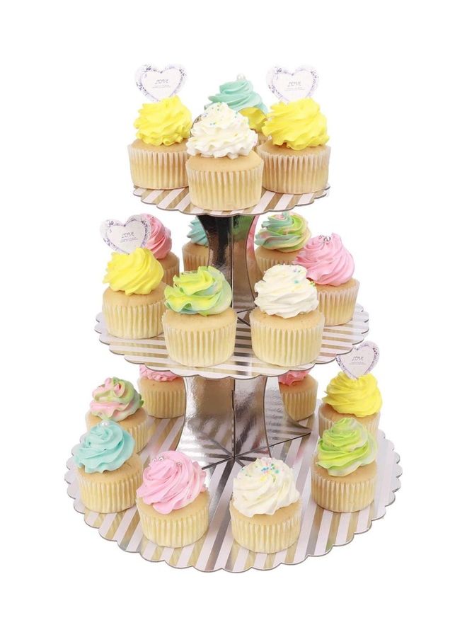 NIBEMINENT 3 Tier Cake Display Stand And Fruit Plate Silver Striped - Image 1