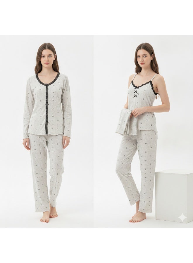 JOANNA 3-Piece Pajama Set with Lace Trim Soft Breathable Sleepwear for Women Daily Loungewear - Image 3