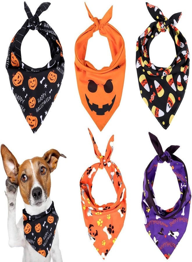 Whaline 5 Pack Halloween Dog Bandanas, Triangle Pet Scarfs Washable Pet Neckerchief Dog Bibs, Pumpkin, Ghost, Candy Corn and Bones Pet Bandanas Medium - Image 1