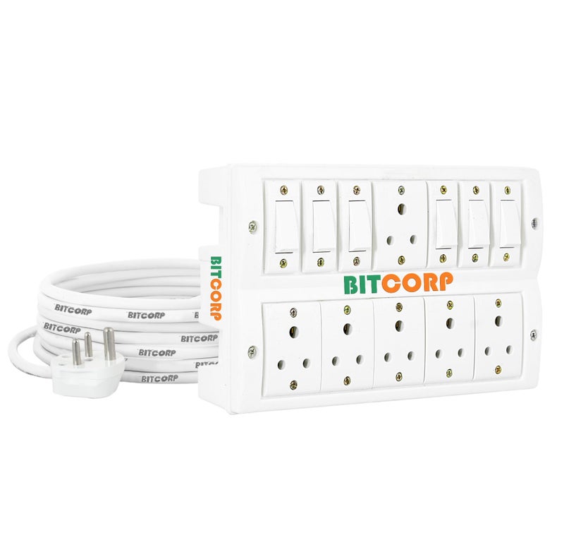 Bitcorp 2500W Power Strip, 6A Universal Extension Board with 6 Socket 6 Switch, Surge Protector, 1 Meter Cord for Home Gadgets, Office, Fridge, Cooler, Air Conditioner (White) 220V - Image 1