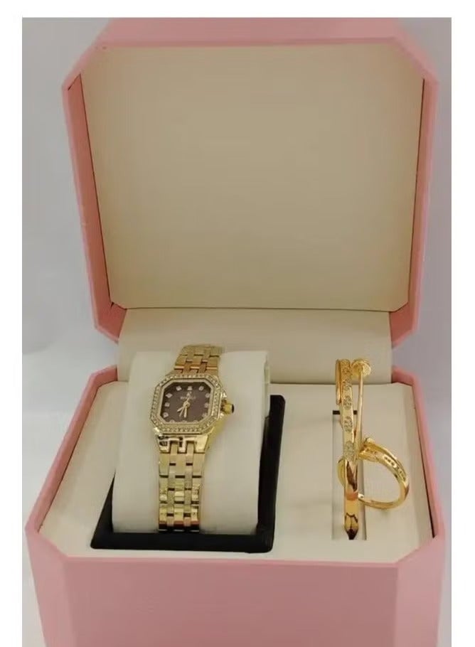 Women's watch with a bracelet and a ring made of zircon