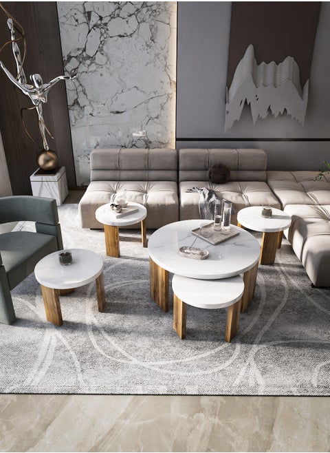 5-Piece Round Brown Wooden Serving Table Set with White Top
