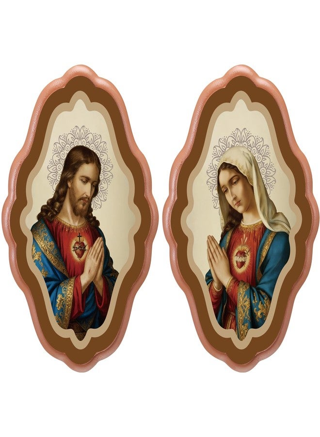 Resurhang 2 Pcs Sacred Heart of Jesus and Virgin Mary Wooden Framed Artwork Set, 5 x 3.5 Inch Wall Catholic Art Religious Catholic Icons Framed Print for Altar Prayer Room Decor Christian Gifts - Image 1