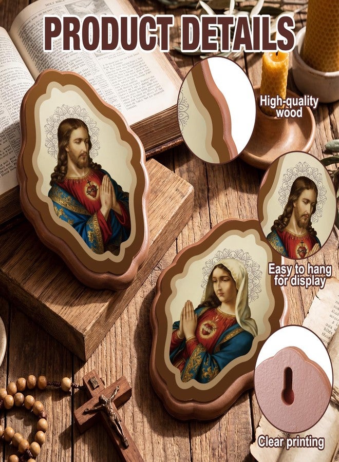 Resurhang 2 Pcs Sacred Heart of Jesus and Virgin Mary Wooden Framed Artwork Set, 5 x 3.5 Inch Wall Catholic Art Religious Catholic Icons Framed Print for Altar Prayer Room Decor Christian Gifts - Image 3