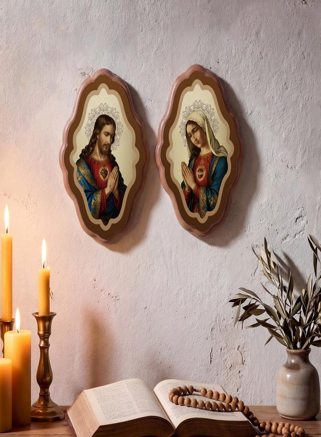 Resurhang 2 Pcs Sacred Heart of Jesus and Virgin Mary Wooden Framed Artwork Set, 5 x 3.5 Inch Wall Catholic Art Religious Catholic Icons Framed Print for Altar Prayer Room Decor Christian Gifts - Image 4
