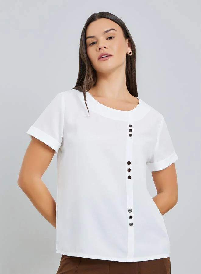 Take Two White Short Sleeve Top with Button Detail