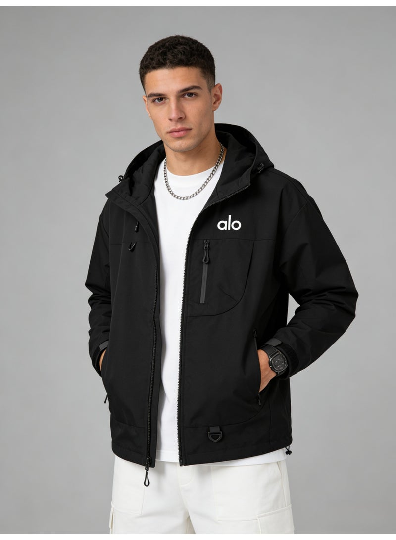 Alo unisex black hooded jacket - waterproof windbreaker, contrasting zippers and multiple pockets, suitable for outdoor and casual wear - Image 1