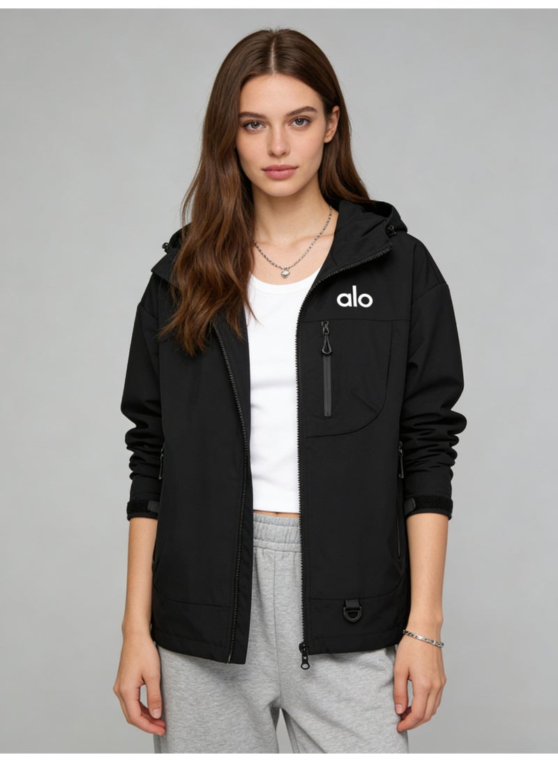 Alo unisex black hooded jacket - waterproof windbreaker, contrasting zippers and multiple pockets, suitable for outdoor and casual wear - Image 4