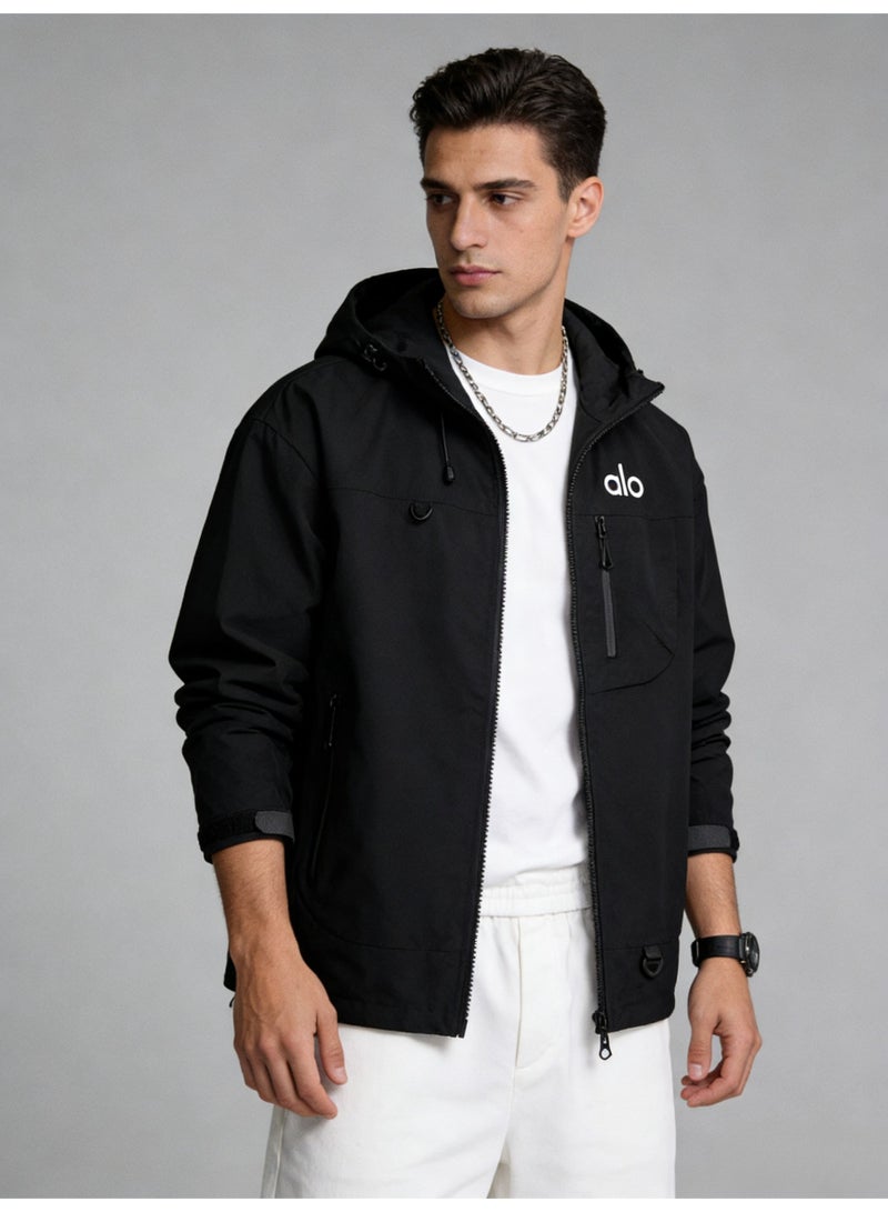 Alo unisex black hooded jacket - waterproof windbreaker, contrasting zippers and multiple pockets, suitable for outdoor and casual wear - Image 2