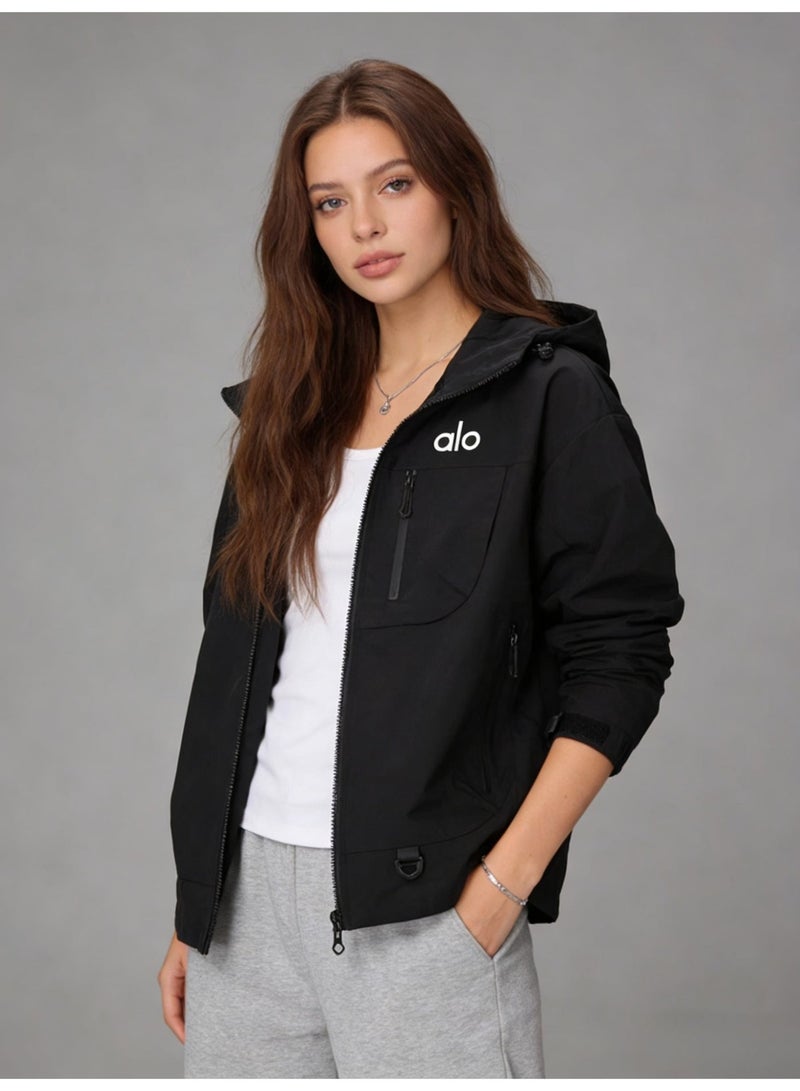 unisex black hooded jacket - waterproof windbreaker, contrasting zippers and multiple pockets, suitable for outdoor and casual wear - Image 5