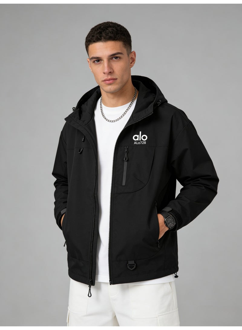 unisex black hooded jacket - waterproof windbreaker, contrasting zippers and multiple pockets, suitable for outdoor and casual wear - Image 1