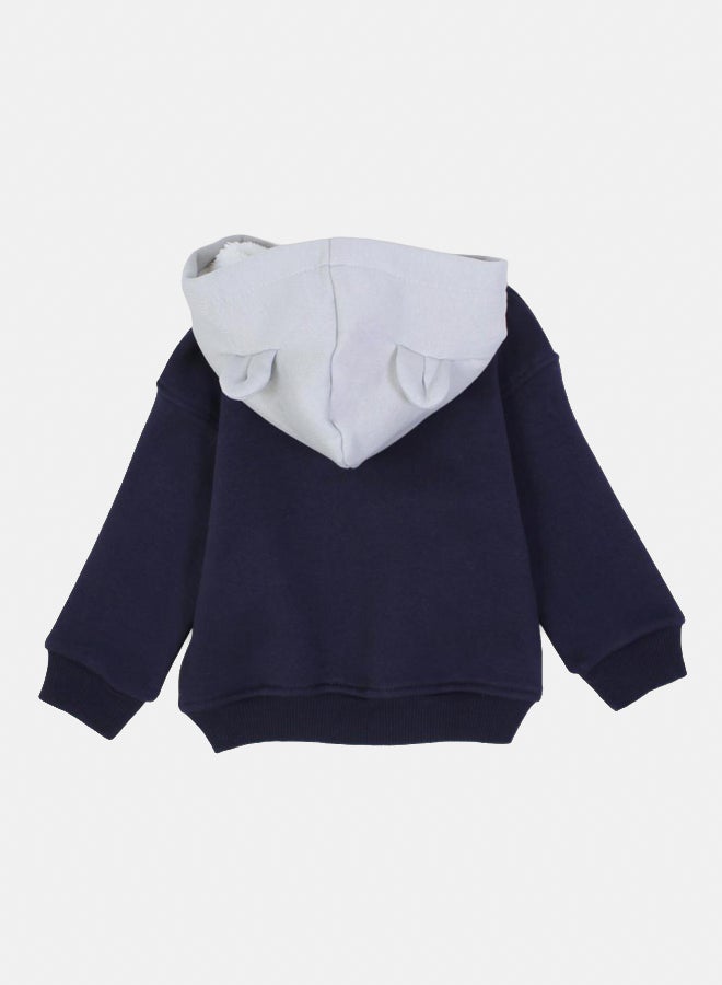 Baby Boys Cotton Hoodie – Navy with Triple Monkey Print - Image 2