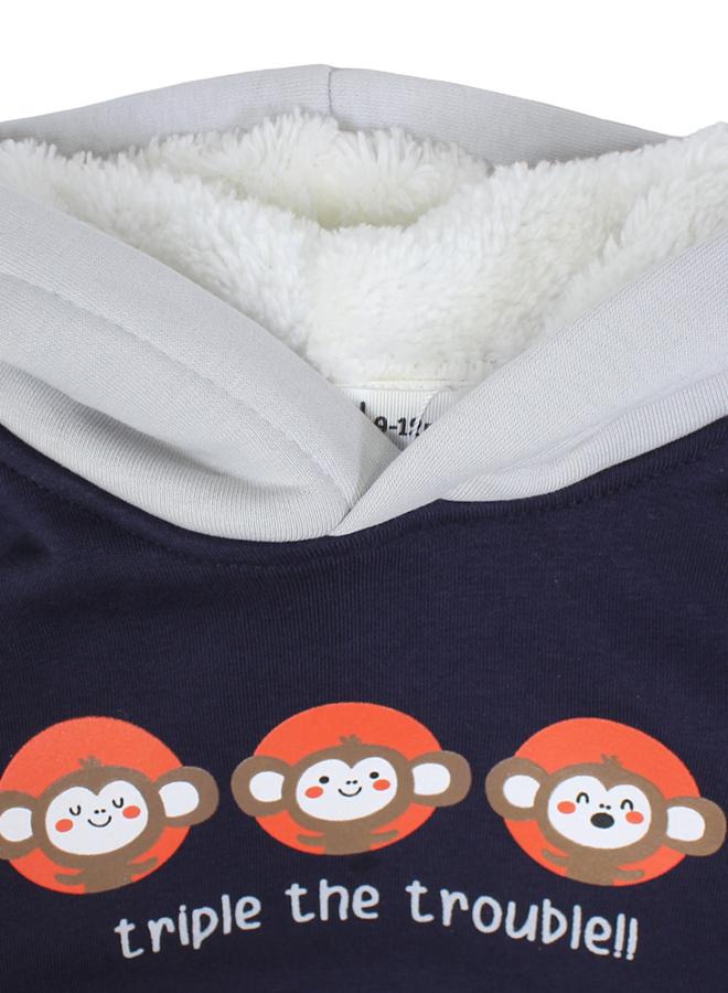 Baby Boys Cotton Hoodie – Navy with Triple Monkey Print - Image 3