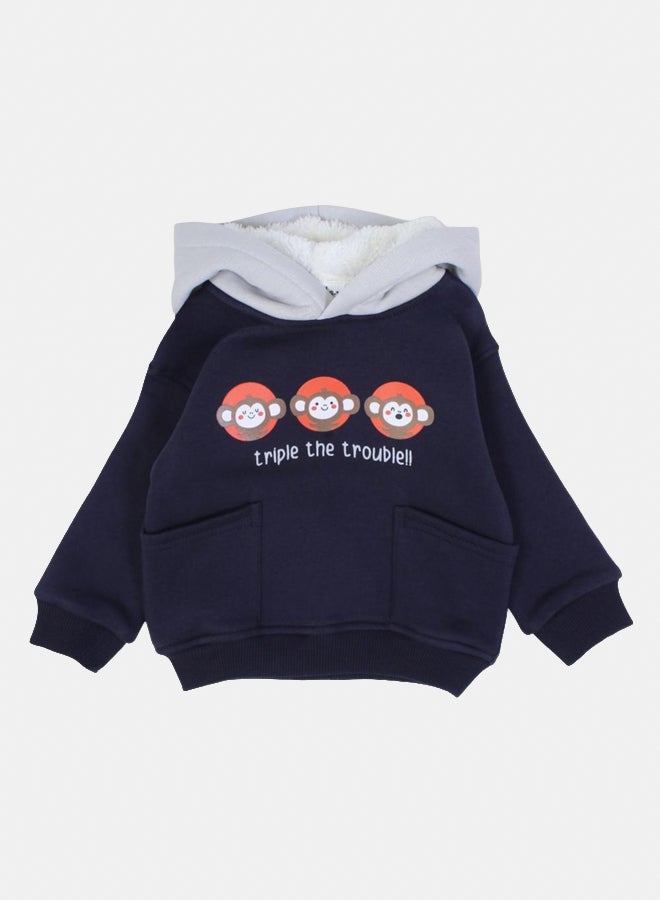 Baby Boys Cotton Hoodie – Navy with Triple Monkey Print - Image 1