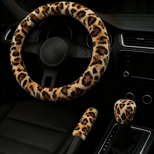 I3DIDEA Fluffy Steering Wheel Cover 3PCS Set Plush Fuzzy Fur Steering Wheel Cover with Gear Shift Cover Handbrake Cover Winter Warm Car Accessories Car Interior Accessories for Women Leopard - Image 1