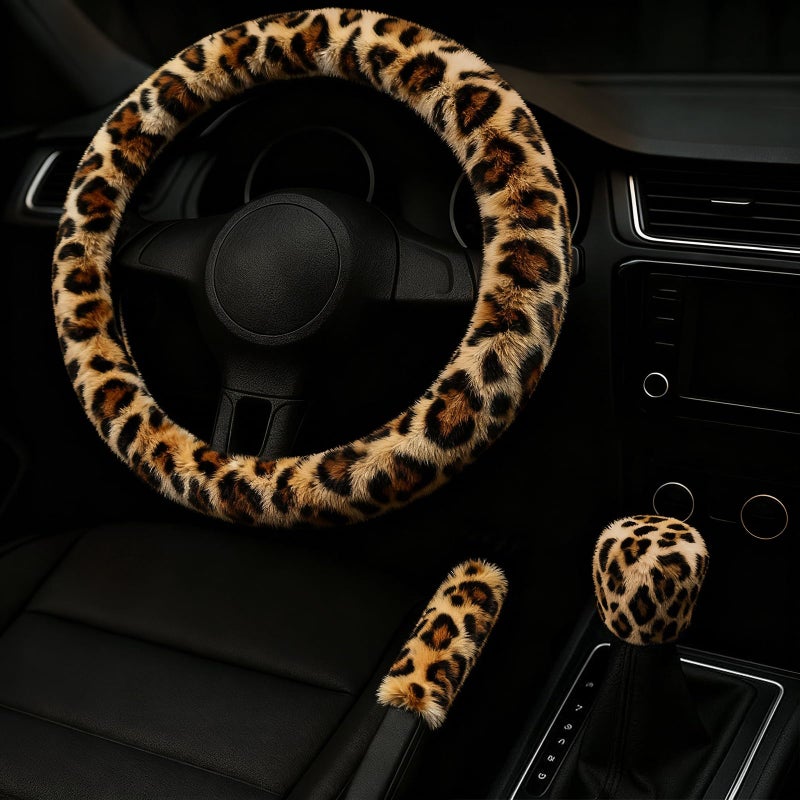 I3DIDEA Fluffy Steering Wheel Cover 3PCS Set Plush Fuzzy Fur Steering Wheel Cover with Gear Shift Cover Handbrake Cover Winter Warm Car Accessories Car Interior Accessories for Women Leopard - Image 3
