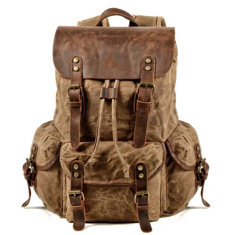 Casual Student Backpack Retro Backpack Drawstring Men'S Oil Wax Canvas Bag Trendy Cross-Body Travel Backpack - Image 1