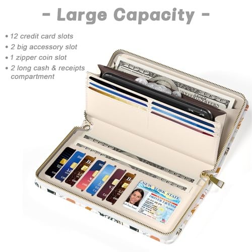 Aiawoxc Womens Wallet, RFID Wristlet Wallets for Women, Cute Ladies Clutch Purses, Large Leather Travel Card Holder with Zipper and Phone Holder, Wildflowers - Image 3