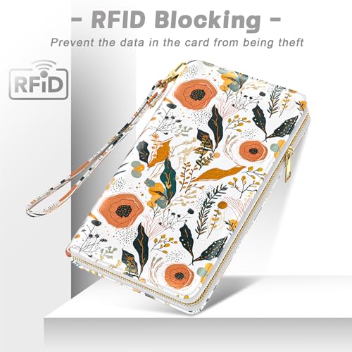 Aiawoxc Womens Wallet, RFID Wristlet Wallets for Women, Cute Ladies Clutch Purses, Large Leather Travel Card Holder with Zipper and Phone Holder, Wildflowers - Image 5